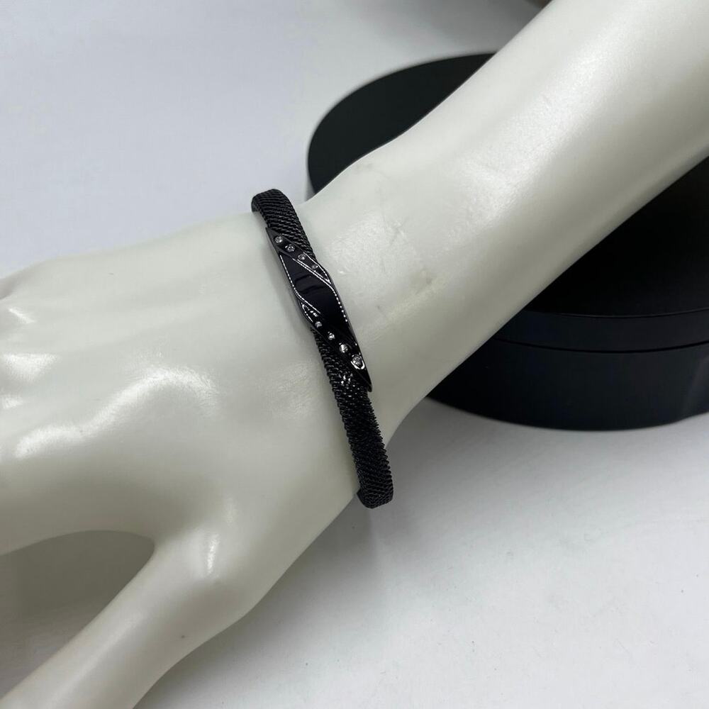 Skagen Designer Signed Gunmetal Black‎ Mesh Crystals Cuff Bracelet